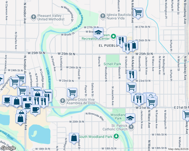 map of restaurants, bars, coffee shops, grocery stores, and more near 2400-2498 North Salina Street in Wichita