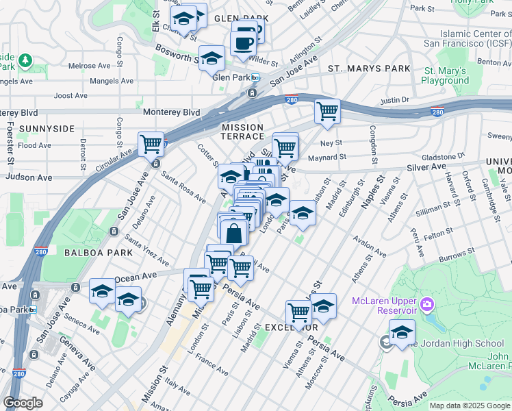 map of restaurants, bars, coffee shops, grocery stores, and more near 4475 Mission Street in San Francisco