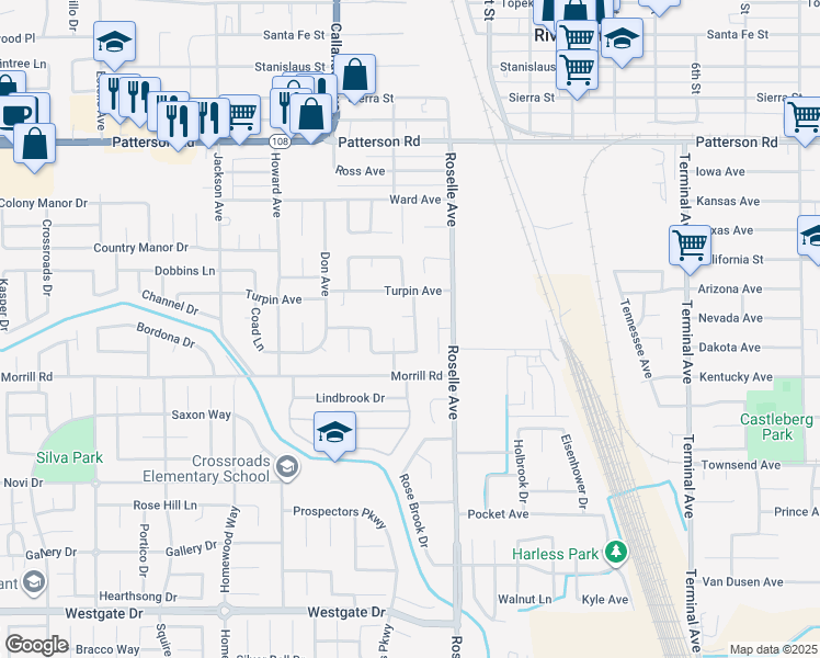 map of restaurants, bars, coffee shops, grocery stores, and more near 6025 Creek Bend Drive in Riverbank