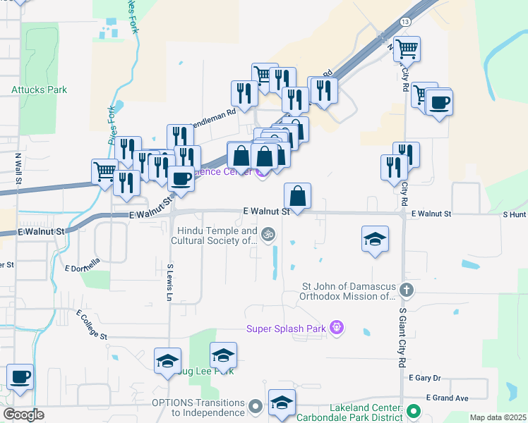 map of restaurants, bars, coffee shops, grocery stores, and more near 1237-1299 East Walnut Street in Carbondale