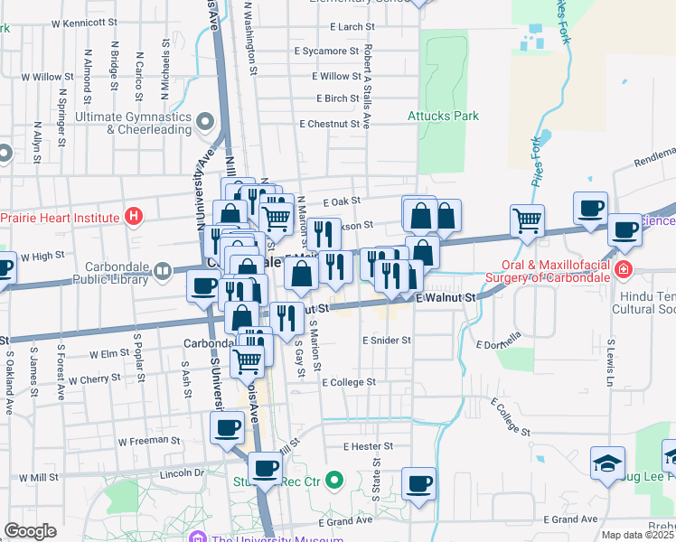 map of restaurants, bars, coffee shops, grocery stores, and more near 318 East Walnut Street in Carbondale