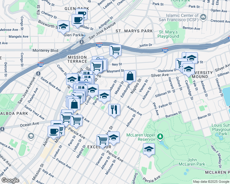 map of restaurants, bars, coffee shops, grocery stores, and more near 162 Madrid Street in San Francisco