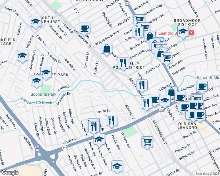 map of restaurants, bars, coffee shops, grocery stores, and more near 596 Alvarado Street in San Leandro