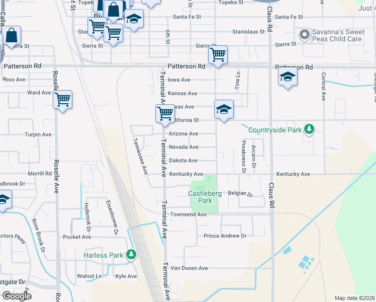 map of restaurants, bars, coffee shops, grocery stores, and more near 3713 Dakota Avenue in Riverbank