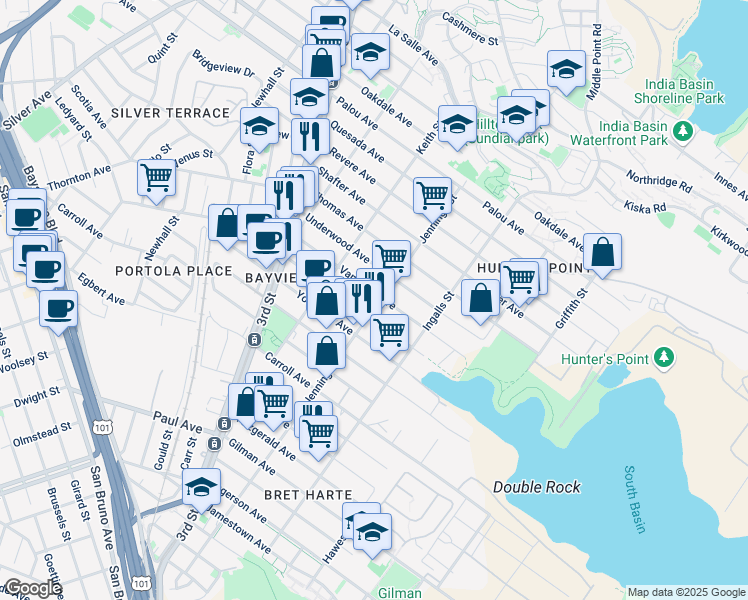 map of restaurants, bars, coffee shops, grocery stores, and more near 2200 Jennings Street in San Francisco