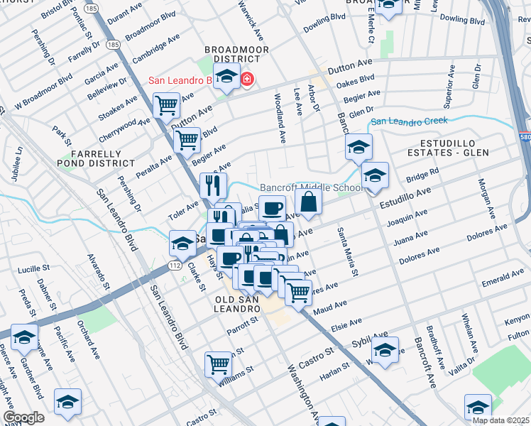 map of restaurants, bars, coffee shops, grocery stores, and more near 243 Chumalia Street in San Leandro