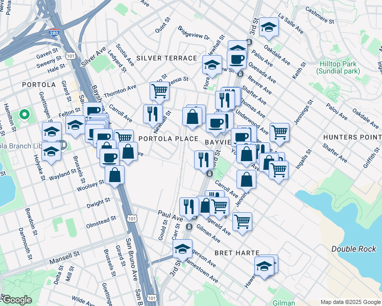 map of restaurants, bars, coffee shops, grocery stores, and more near 1786 Carroll Avenue in San Francisco