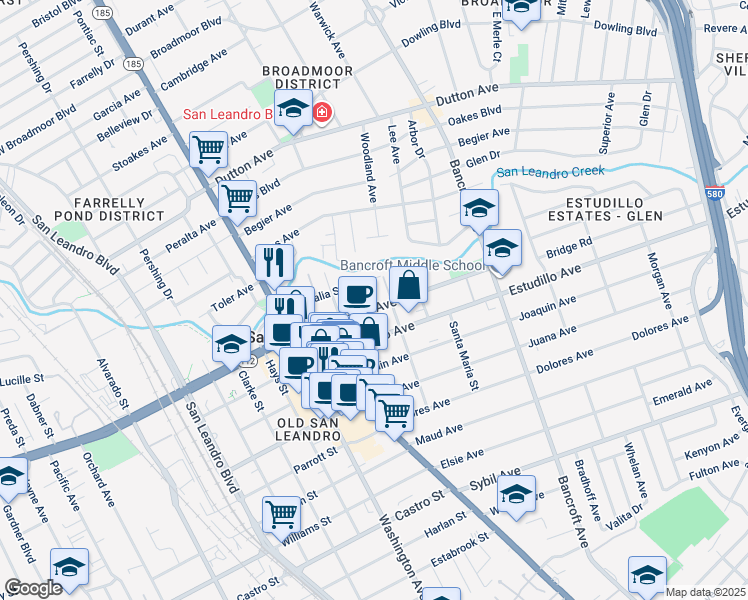 map of restaurants, bars, coffee shops, grocery stores, and more near 274 Callan Avenue in San Leandro