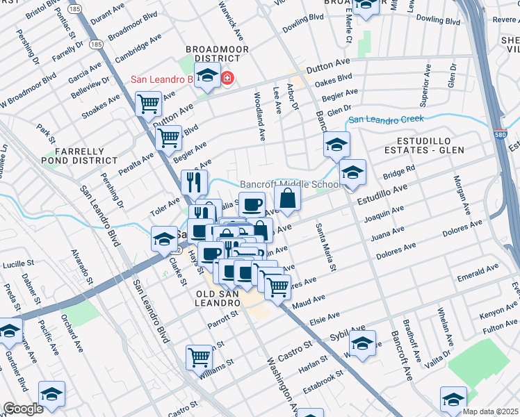 map of restaurants, bars, coffee shops, grocery stores, and more near 274 Callan Avenue in San Leandro