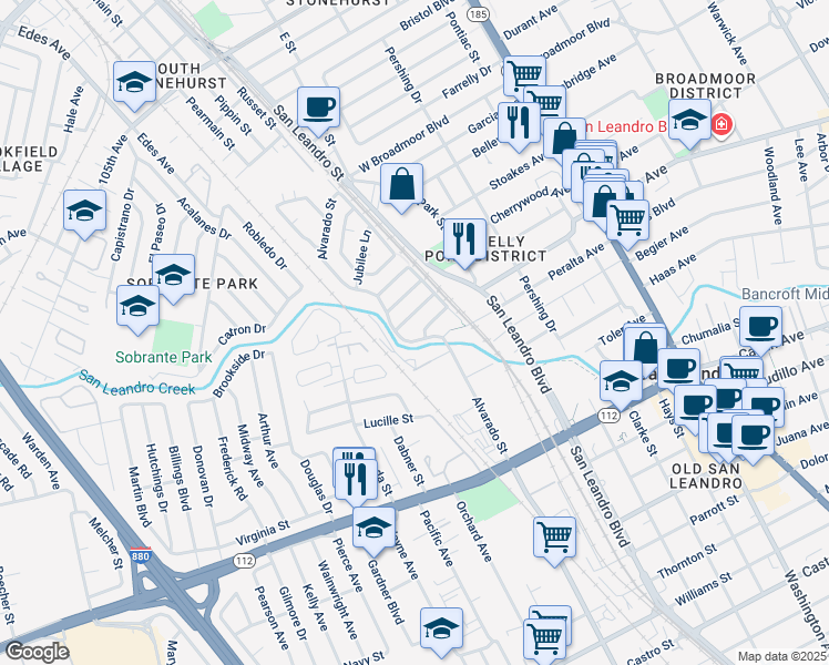 map of restaurants, bars, coffee shops, grocery stores, and more near 596 Alvarado Street in San Leandro