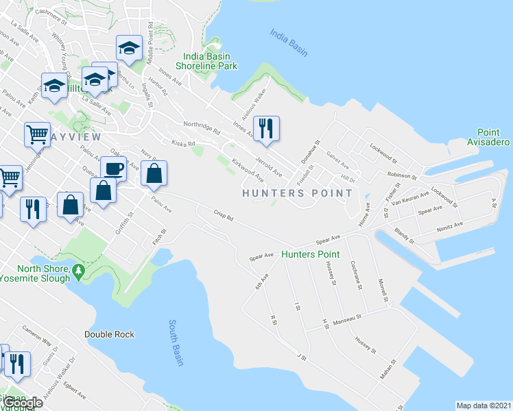 map of restaurants, bars, coffee shops, grocery stores, and more near V Earl Street in San Francisco