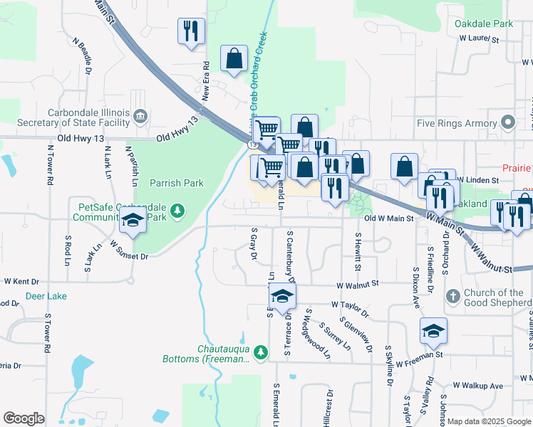 map of restaurants, bars, coffee shops, grocery stores, and more near 2002 West Sunset Drive in Carbondale