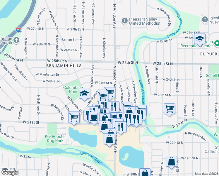 map of restaurants, bars, coffee shops, grocery stores, and more near 2436 Marigold St in Wichita