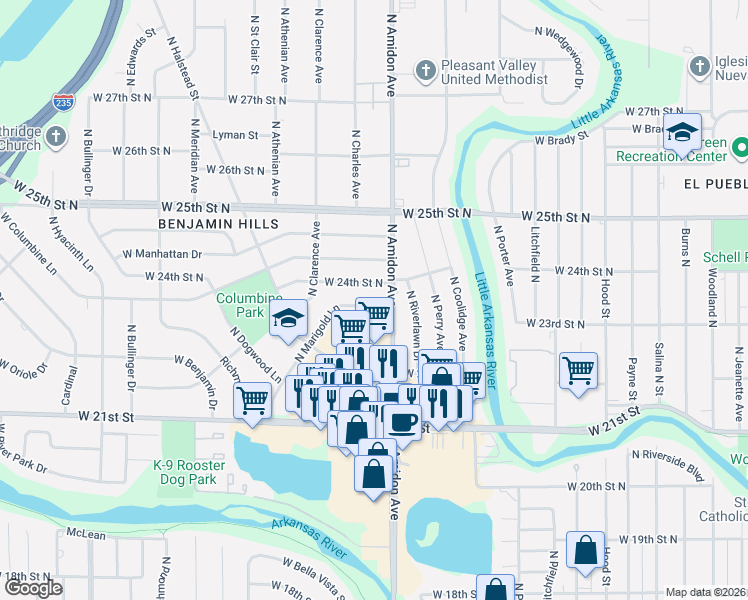 map of restaurants, bars, coffee shops, grocery stores, and more near 2436 Marigold St in Wichita