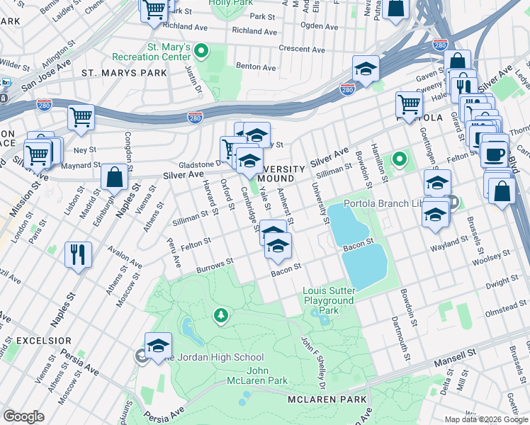 map of restaurants, bars, coffee shops, grocery stores, and more near 160 Yale Street in San Francisco