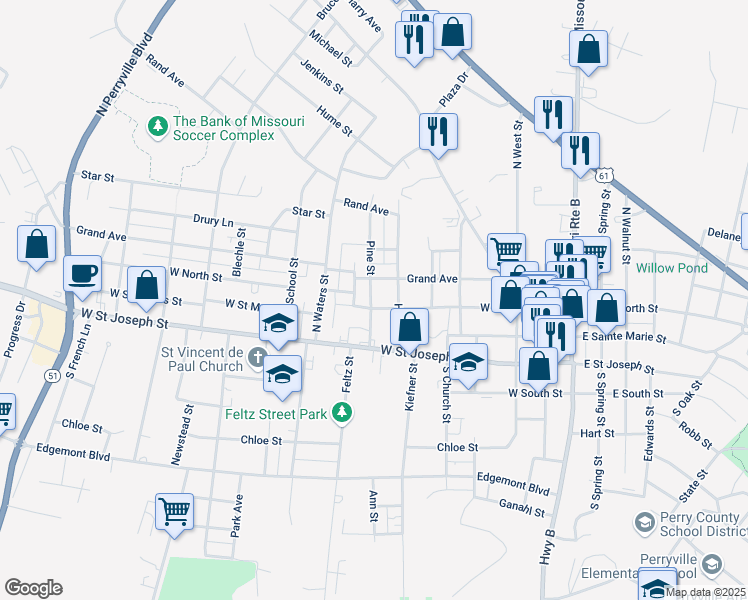 map of restaurants, bars, coffee shops, grocery stores, and more near 105 North Pine Street in Perryville
