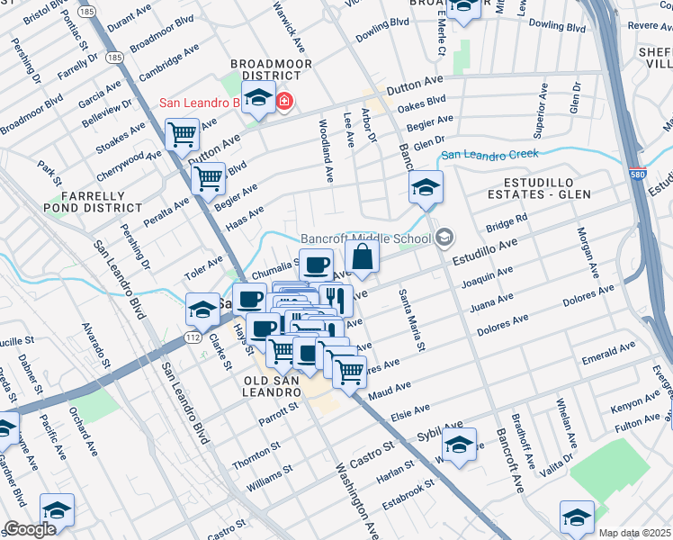 map of restaurants, bars, coffee shops, grocery stores, and more near 342 Callan Avenue in San Leandro