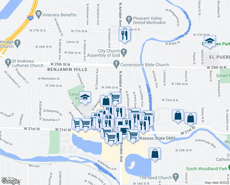 map of restaurants, bars, coffee shops, grocery stores, and more near 2436 Marigold St in Wichita