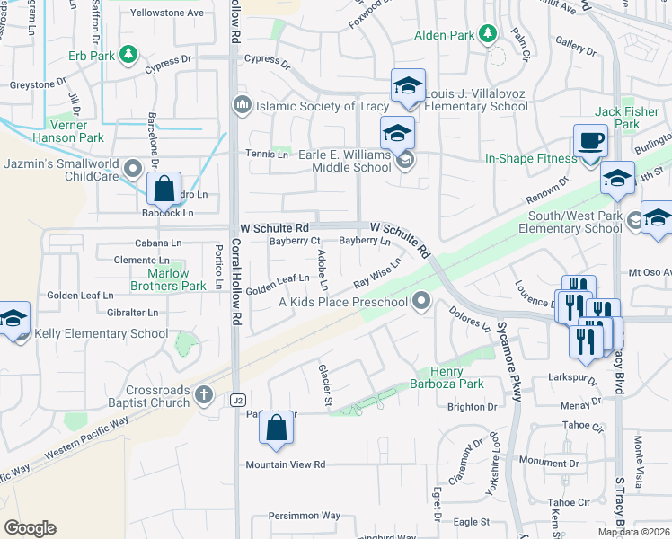 map of restaurants, bars, coffee shops, grocery stores, and more near 305 Adobe Lane in Tracy