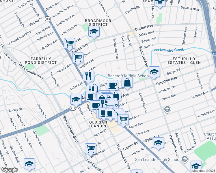 map of restaurants, bars, coffee shops, grocery stores, and more near 274 Callan Avenue in San Leandro