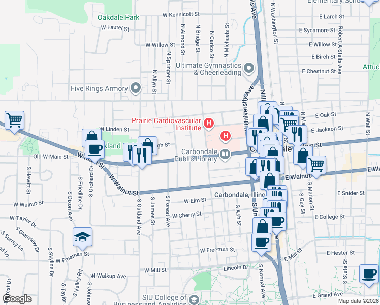 map of restaurants, bars, coffee shops, grocery stores, and more near 507 1/2 West Main Street in Carbondale