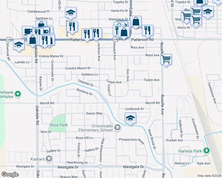 map of restaurants, bars, coffee shops, grocery stores, and more near 6042 Coad Lane in Riverbank