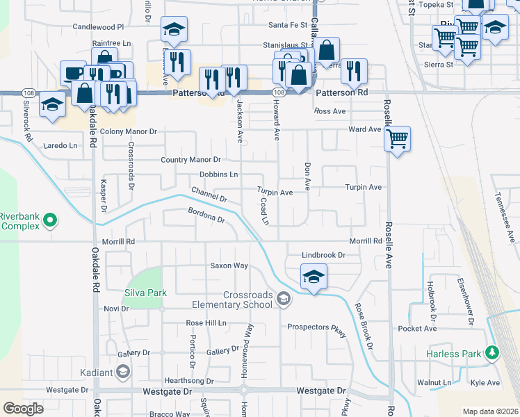 map of restaurants, bars, coffee shops, grocery stores, and more near 6018 Coad Lane in Riverbank