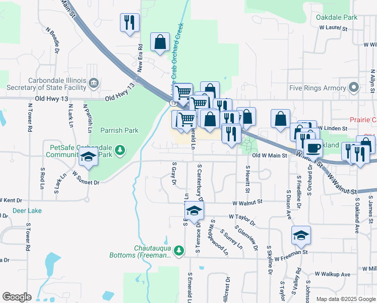 map of restaurants, bars, coffee shops, grocery stores, and more near 2001 West Woodriver Drive in Carbondale