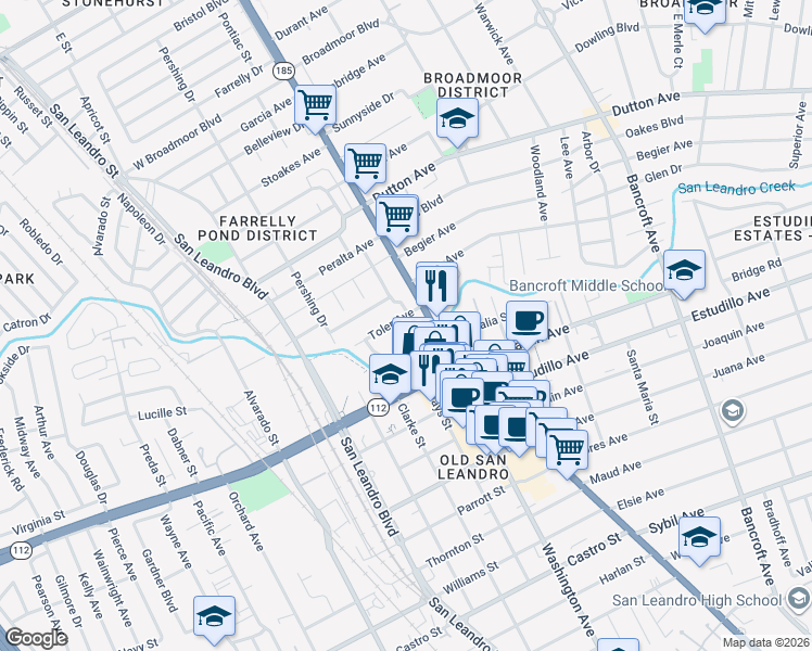 map of restaurants, bars, coffee shops, grocery stores, and more near 211 Arroyo Avenue in San Leandro