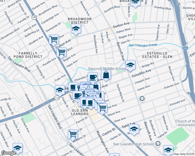 map of restaurants, bars, coffee shops, grocery stores, and more near 338 Callan Avenue in San Leandro