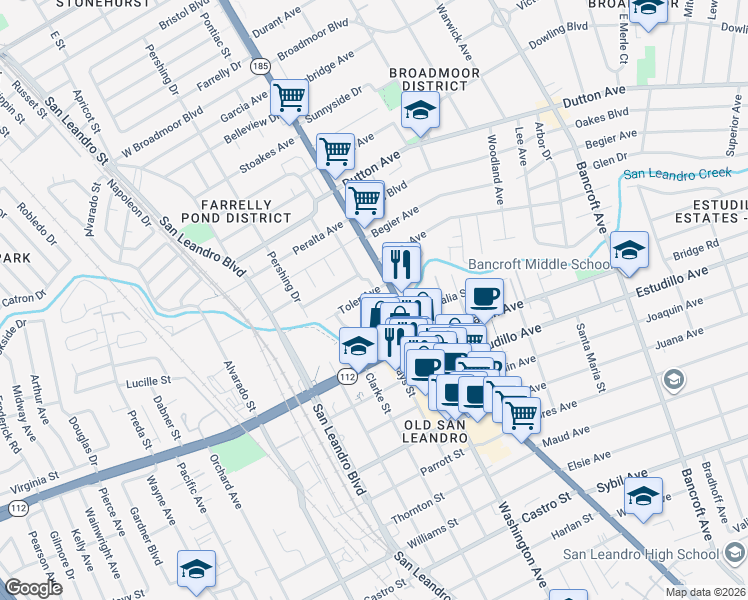 map of restaurants, bars, coffee shops, grocery stores, and more near 209 Arroyo Avenue in San Leandro