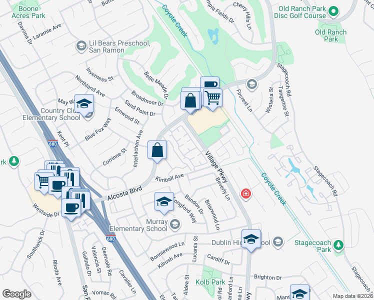 map of restaurants, bars, coffee shops, grocery stores, and more near 1 Lobelia Lane in San Ramon