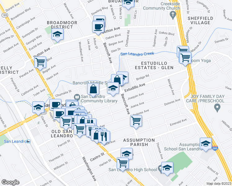 map of restaurants, bars, coffee shops, grocery stores, and more near 572 Estudillo Avenue in San Leandro