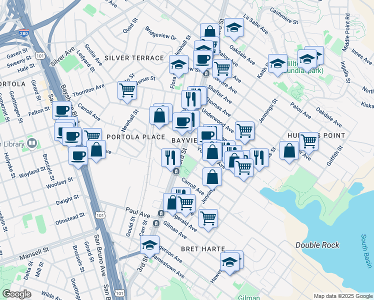 map of restaurants, bars, coffee shops, grocery stores, and more near 5545 3rd Street in San Francisco