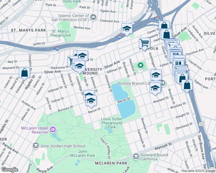 map of restaurants, bars, coffee shops, grocery stores, and more near 1146 Burrows Street in San Francisco