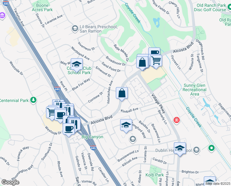 map of restaurants, bars, coffee shops, grocery stores, and more near 9025 Alcosta Boulevard in San Ramon