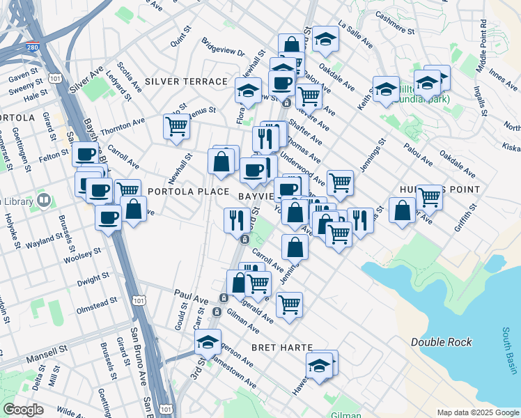 map of restaurants, bars, coffee shops, grocery stores, and more near 5545 3rd Street in San Francisco
