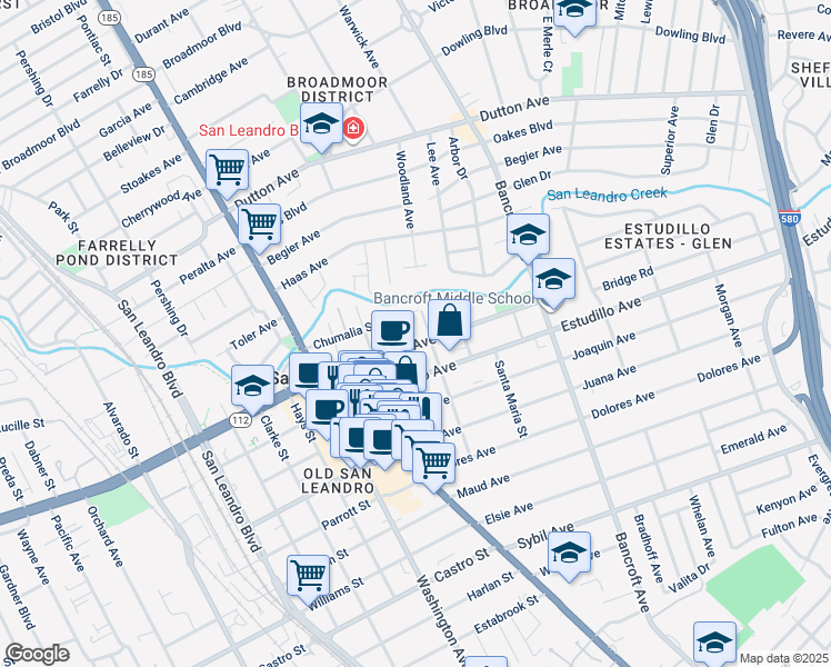 map of restaurants, bars, coffee shops, grocery stores, and more near 370 Estudillo Avenue in San Leandro
