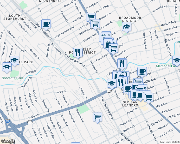 map of restaurants, bars, coffee shops, grocery stores, and more near 368 Lille Street in San Leandro