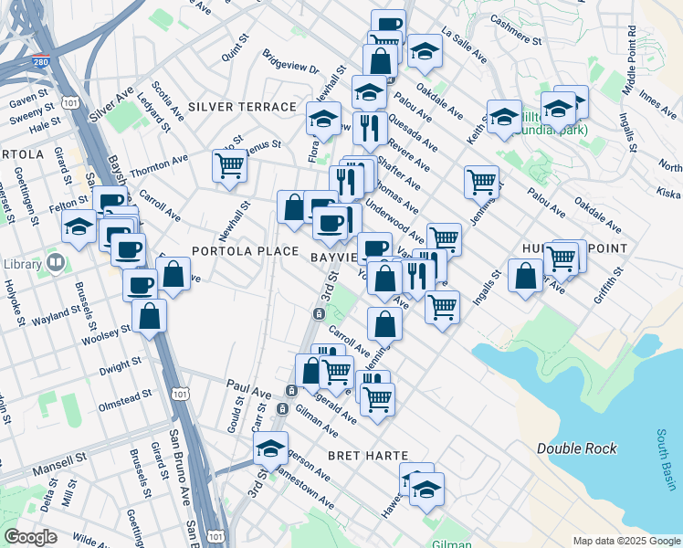 map of restaurants, bars, coffee shops, grocery stores, and more near 1610 Armstrong Avenue in San Francisco