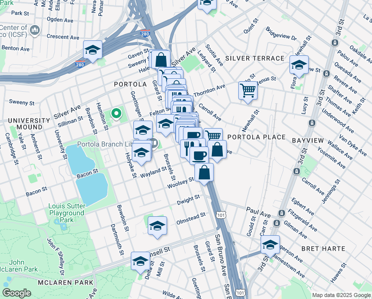map of restaurants, bars, coffee shops, grocery stores, and more near 98 Wayland Street in San Francisco