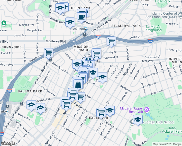 map of restaurants, bars, coffee shops, grocery stores, and more near 4475 Mission Street in San Francisco