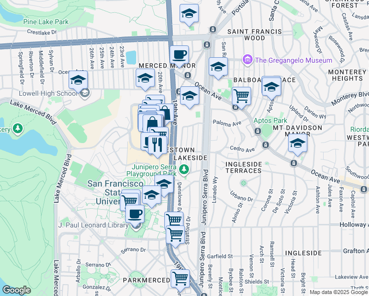 map of restaurants, bars, coffee shops, grocery stores, and more near 110 Broadmoor Drive in San Francisco