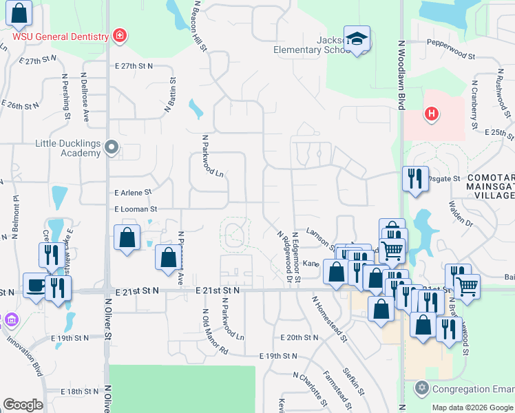 map of restaurants, bars, coffee shops, grocery stores, and more near 2401 North Beacon Hill Street in Wichita