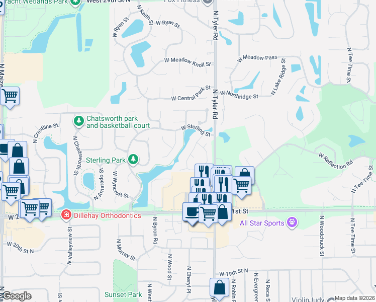map of restaurants, bars, coffee shops, grocery stores, and more near 2329 North Baytree Street in Wichita