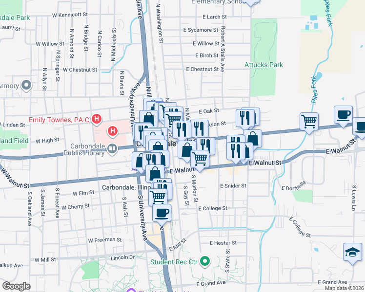 map of restaurants, bars, coffee shops, grocery stores, and more near 200 East Monroe Street in Carbondale