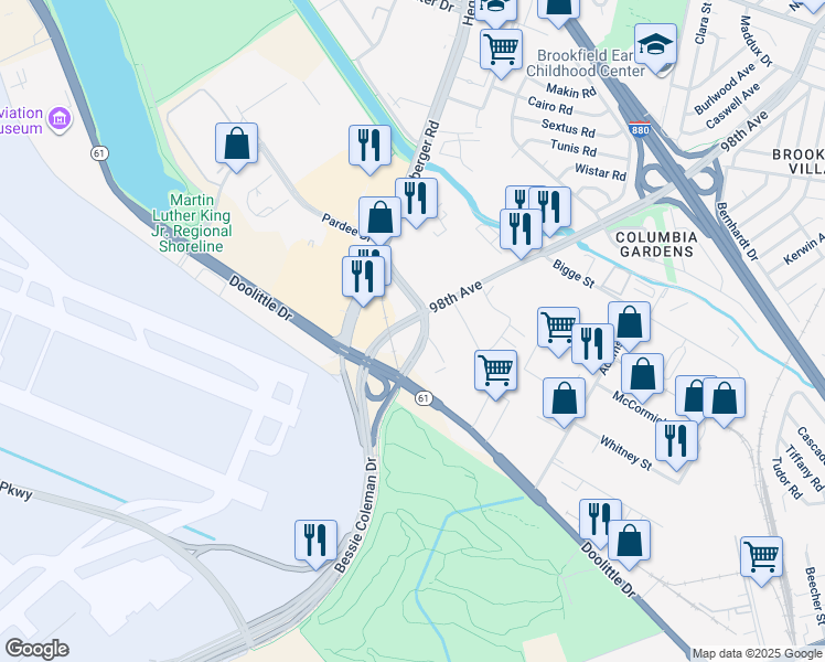 map of restaurants, bars, coffee shops, grocery stores, and more near 1639 Airport Access Road in Oakland