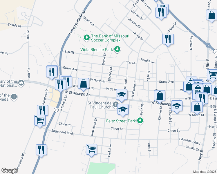 map of restaurants, bars, coffee shops, grocery stores, and more near 1027 West Sainte Maries Street in Perryville