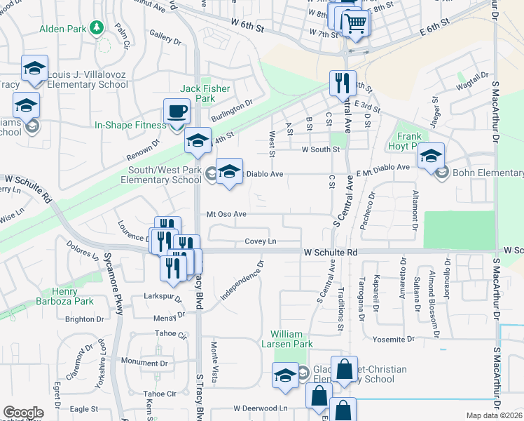 map of restaurants, bars, coffee shops, grocery stores, and more near 315 Mount Oso Avenue in Tracy