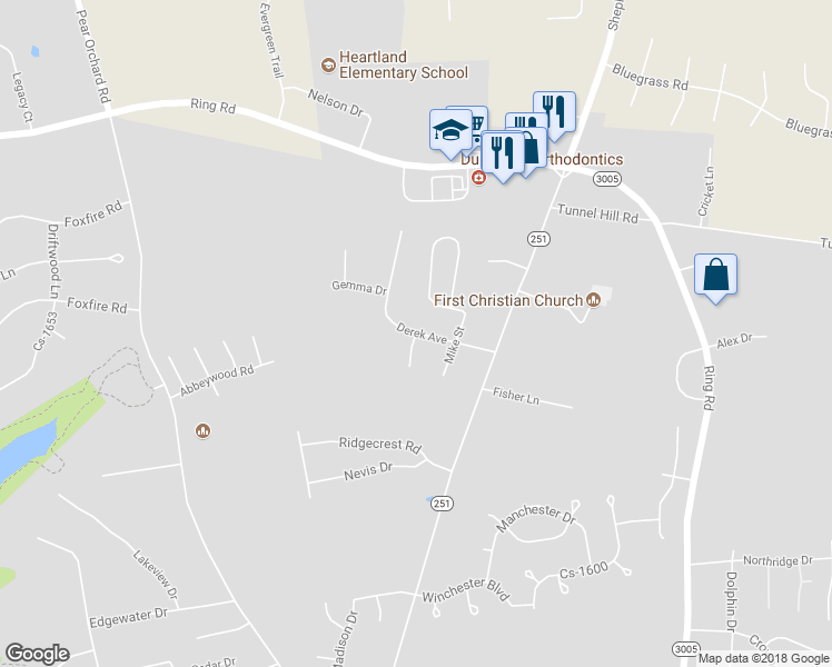 map of restaurants, bars, coffee shops, grocery stores, and more near 400 Duggins Drive in Elizabethtown